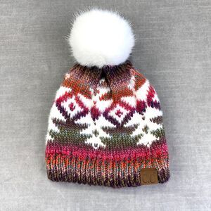 CC Beanie Womens Aztec Pom Pom Knit Ski Winter Cap Southwestern Retro
